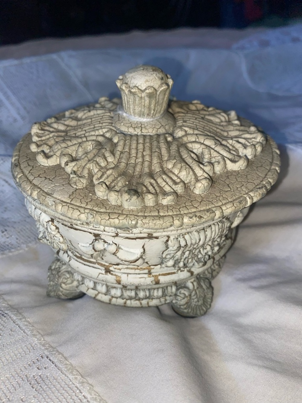 Vintage Style  white crackle distressed finish trinket box.